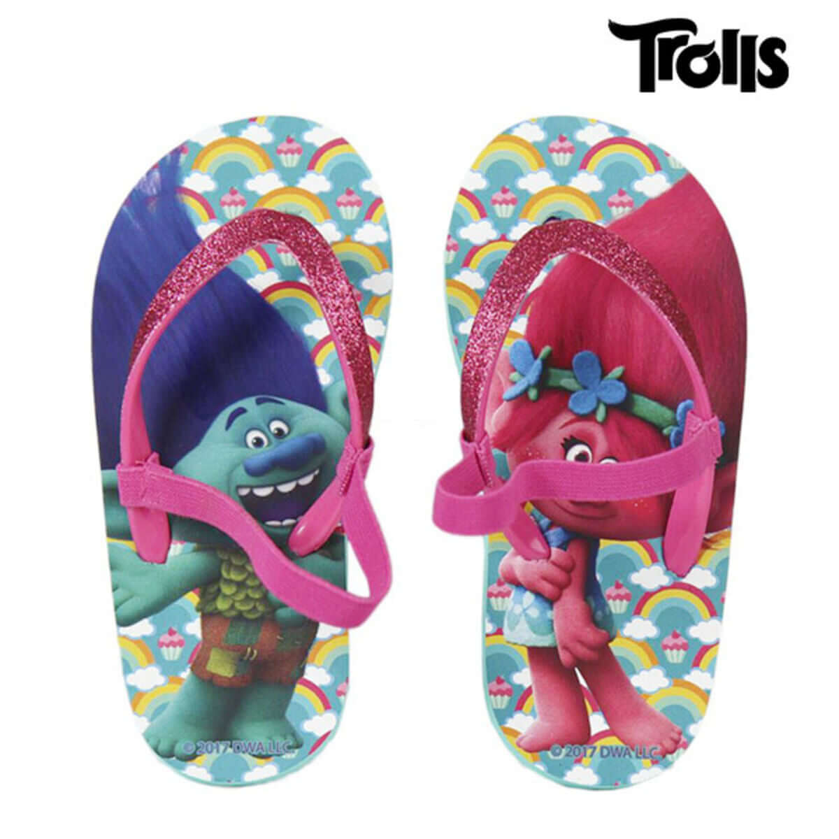 Colorful Trolls flip flops for children, perfect for outdoor adventures and summer fun from revlando.com.