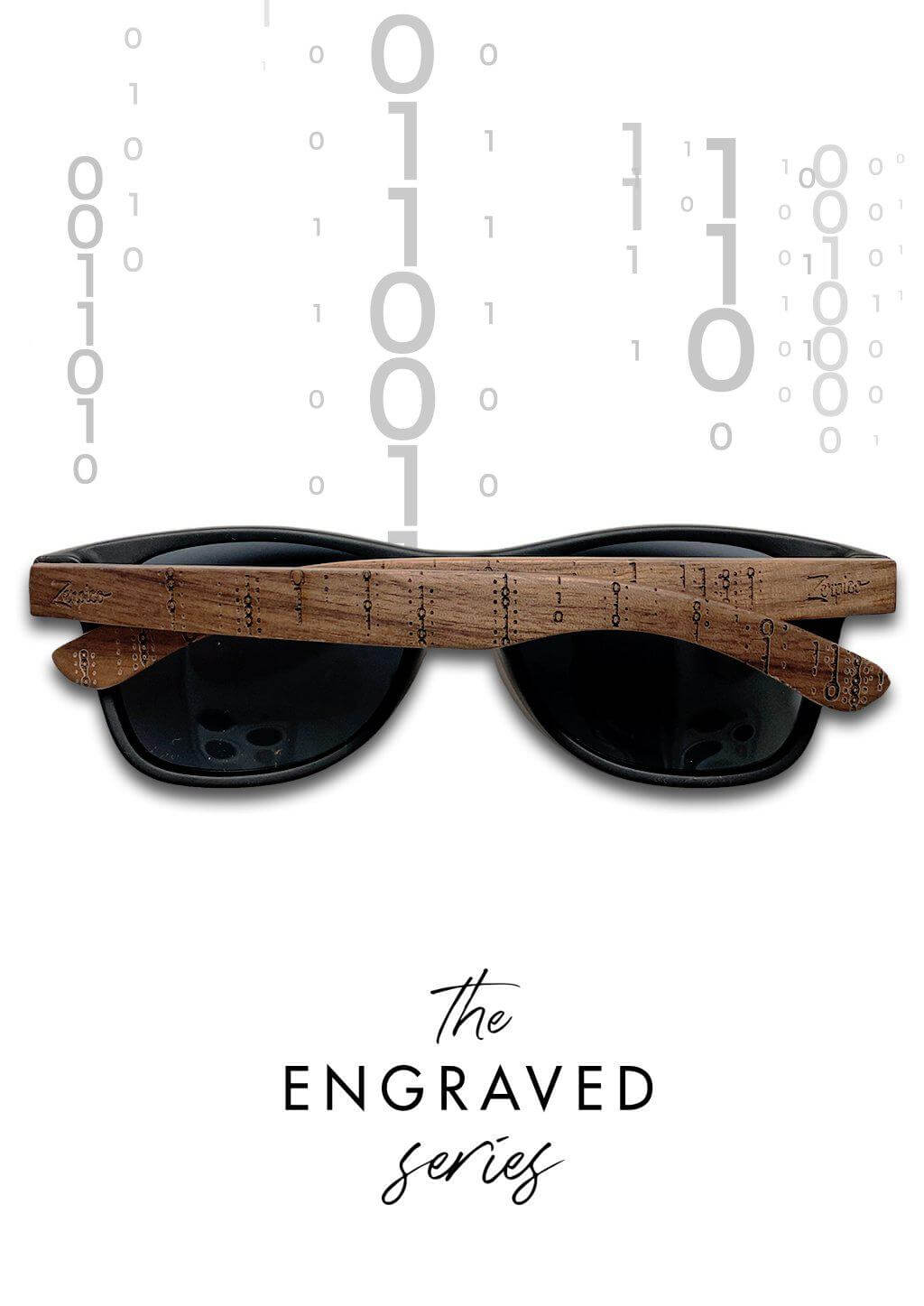 Hand holding Eyewood Binary engraved wooden sunglasses, showcasing their unique design and outdoor readiness.