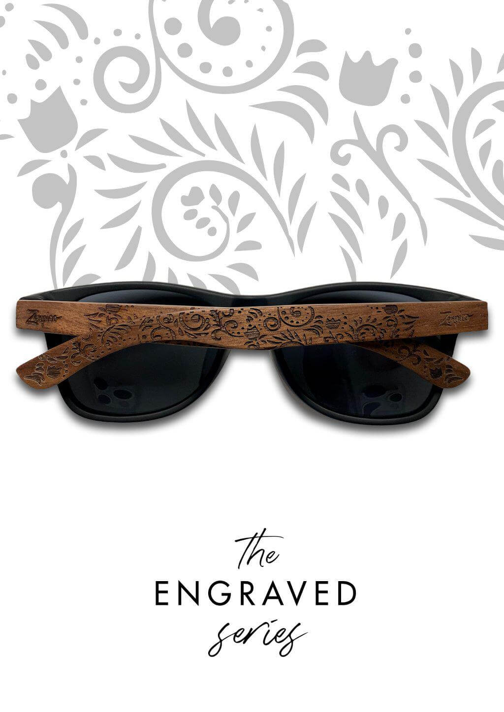 Man wearing engraved wooden sunglasses outdoors, showcasing a flower pattern, perfect for adventure and camping.
