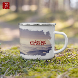 White enamel camping mug with Adventure Does Not Wait print, silver rim, 350ml, ideal for outdoor and camping adventures