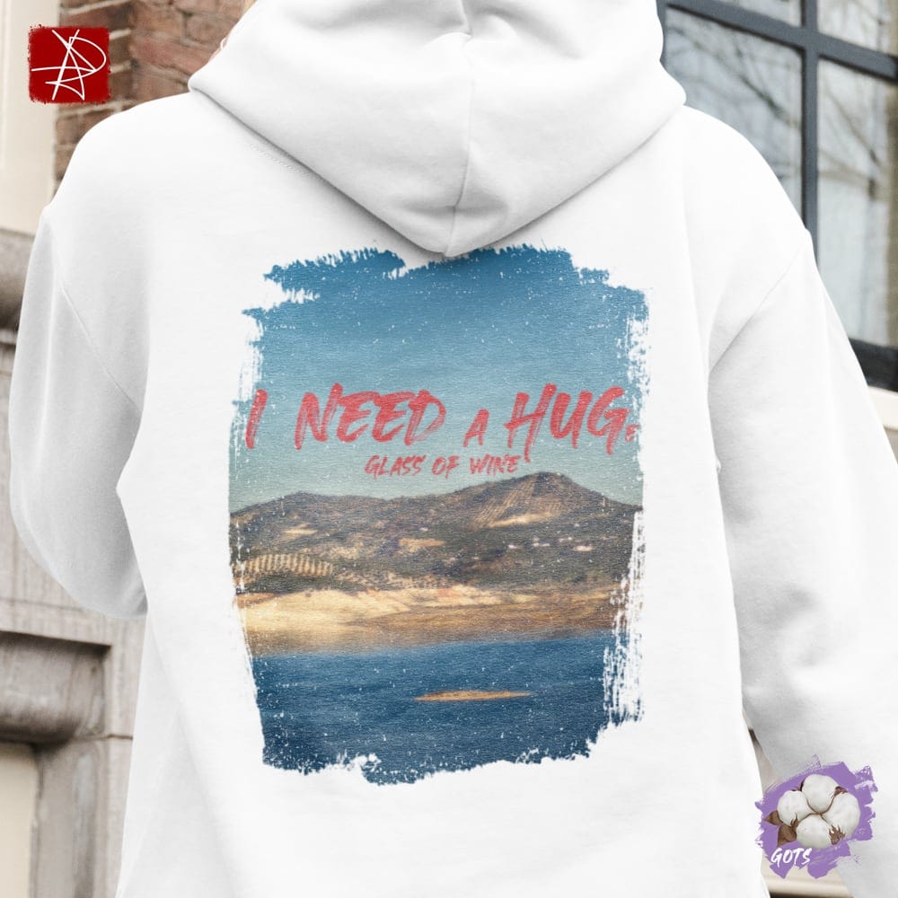 Unisex organic cotton hoodie with 'I Need a HUGe Glass of Wine' design, perfect for outdoor adventures and wine lovers.