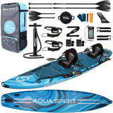 Aqua Spirit Barracuda 15’ 2 Person Tamden Inflatable Stand up Paddle Board SUP Kayak Package, 240KG Limit, 2x Seat, 2x Paddle & Kayak Blade, Pump, Go Pro Mount, Bag, Change Mat