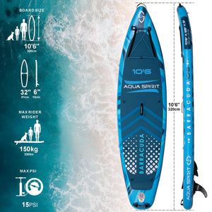 Aqua Spirit Barracuda SUP Inflatable Stand Up Paddle Board 2024, 10'6x32”x6”, Complete Kayak Conversion Kit with Paddle, Backpack, Pump and more accessories, Adult Beginner/Expert, 3 Year Warranty