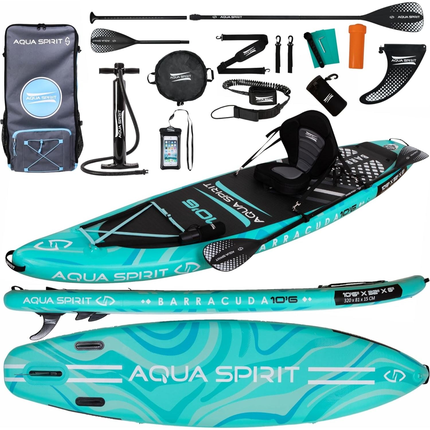 Aqua Spirit Barracuda SUP Inflatable Stand Up Paddle Board 2024, 10'6x32”x6”, Complete Kayak Conversion Kit with Paddle, Backpack, Pump and more accessories, Adult Beginner/Expert, 3 Year Warranty