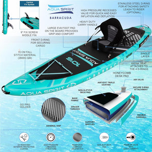 Aqua Spirit Barracuda SUP Inflatable Stand Up Paddle Board 2024, 10'6x32”x6”, Complete Kayak Conversion Kit with Paddle, Backpack, Pump and more accessories, Adult Beginner/Expert, 3 Year Warranty