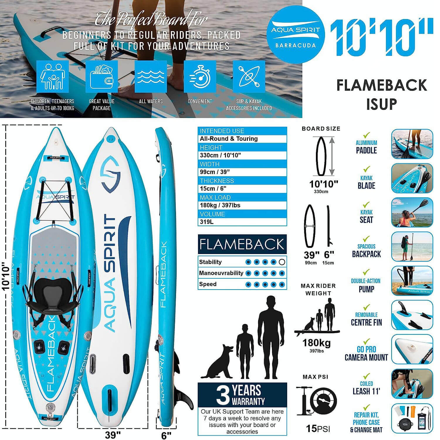 Aqua Spirit Flameback SUP Activity Inflatable Stand Up Paddle Board 2024, Complete Kayak Conversion Kit with Fishing Rod Mount, Paddle, Backpack and more accessories, 3 Year Warranty