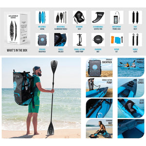 Aqua Spirit Inflatable Kayak, 2-Seater/1-Seater Complete Kayak Kit with Paddle, Backpack, Double-Action Pump and more accessories/Adult Beginners/Experts, 13’5”/10'5” - 3 Year Warranty