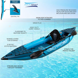 Aqua Spirit Inflatable Kayak, 2-Seater/1-Seater Complete Kayak Kit with Paddle, Backpack, Double-Action Pump and more accessories/Adult Beginners/Experts, 13’5”/10'5” - 3 Year Warranty