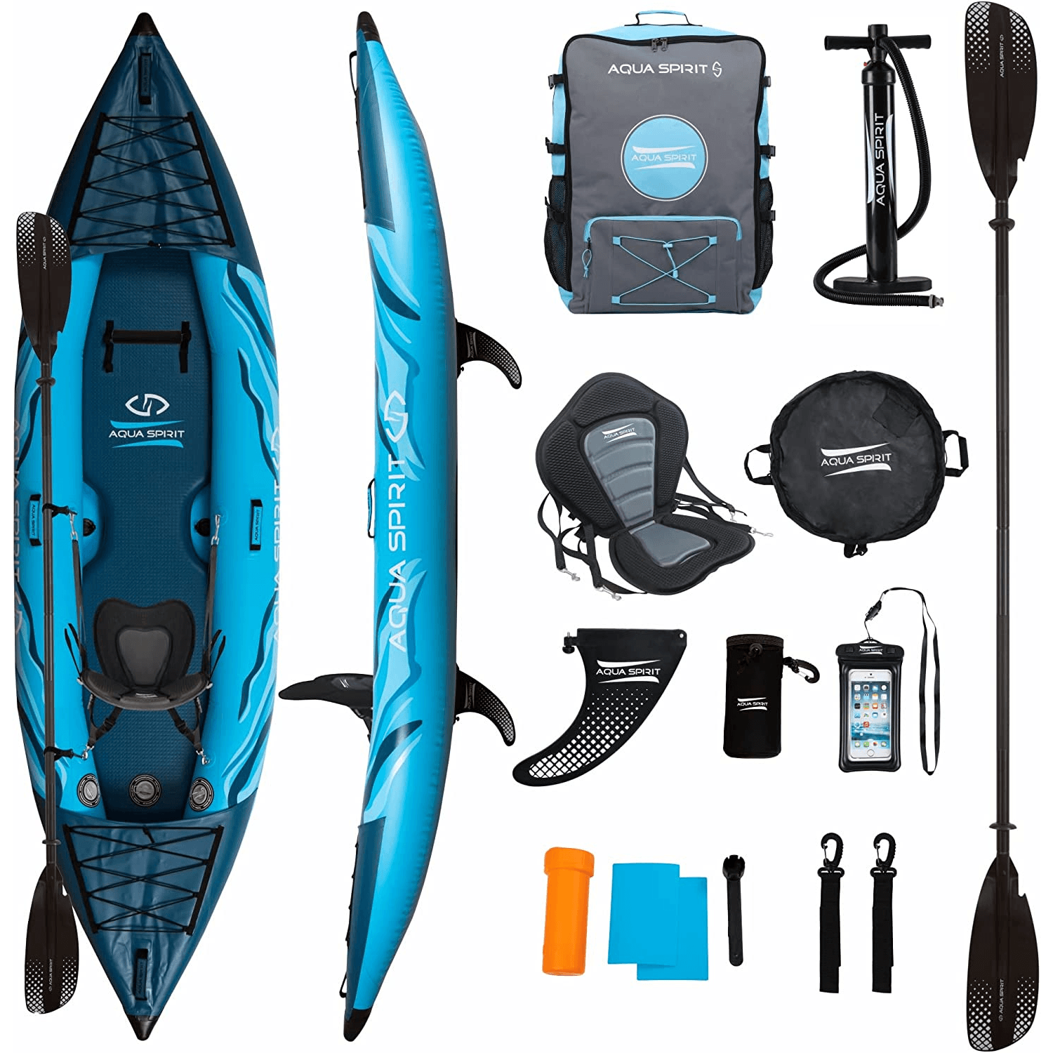 Aqua Spirit Inflatable Kayak, 2-Seater/1-Seater Complete Kayak Kit with Paddle, Backpack, Double-Action Pump and more accessories/Adult Beginners/Experts, 13’5”/10'5” - 3 Year Warranty