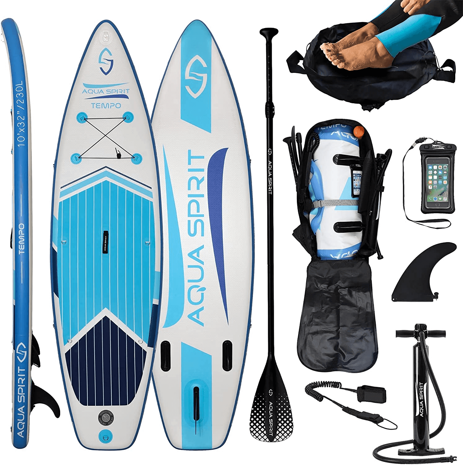 Aqua Spirit Tempo 10'6 iSUP Inflatable Stand Up Paddle Board For Adult Beginners/intermediate With Backpack, Leash, Paddle, Changing Mat & Waterproof Phone Case, All-Inclusive Package, 3-Years Of Complete Brand Warranty