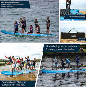 Aqua Spirit Vanguard Family Inflatable SUP for Group Adventures, 18' x 5’ x 8” with Carry Bag, Double-Action Pump and more accessories, Up To 10 Person, 500KG Limit, 3 Years Extended Brand Warranty