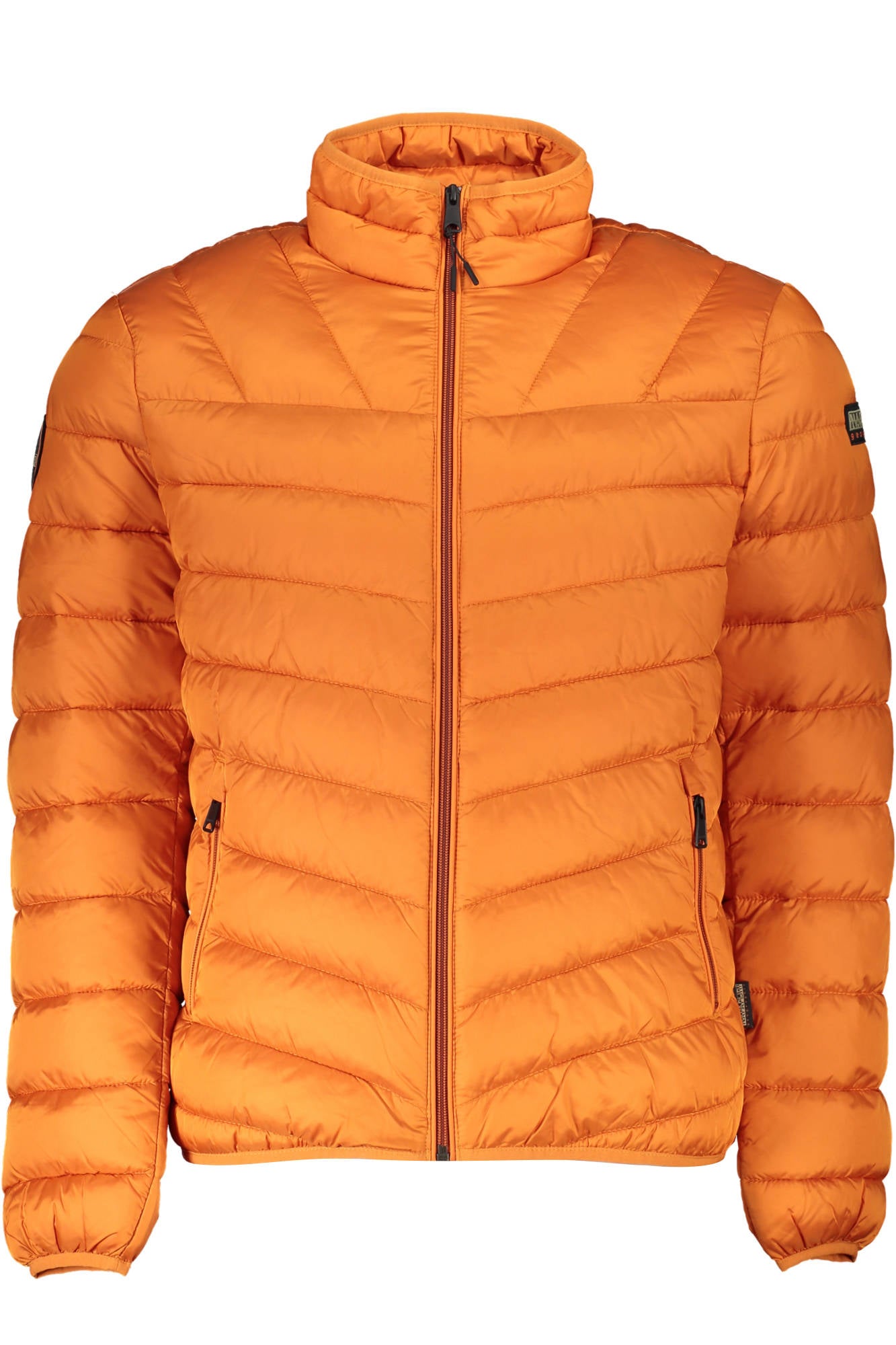 NAPAPIJRI MAN orange jacket for outdoor adventures, featuring long sleeves and zip closure, perfect for camping.