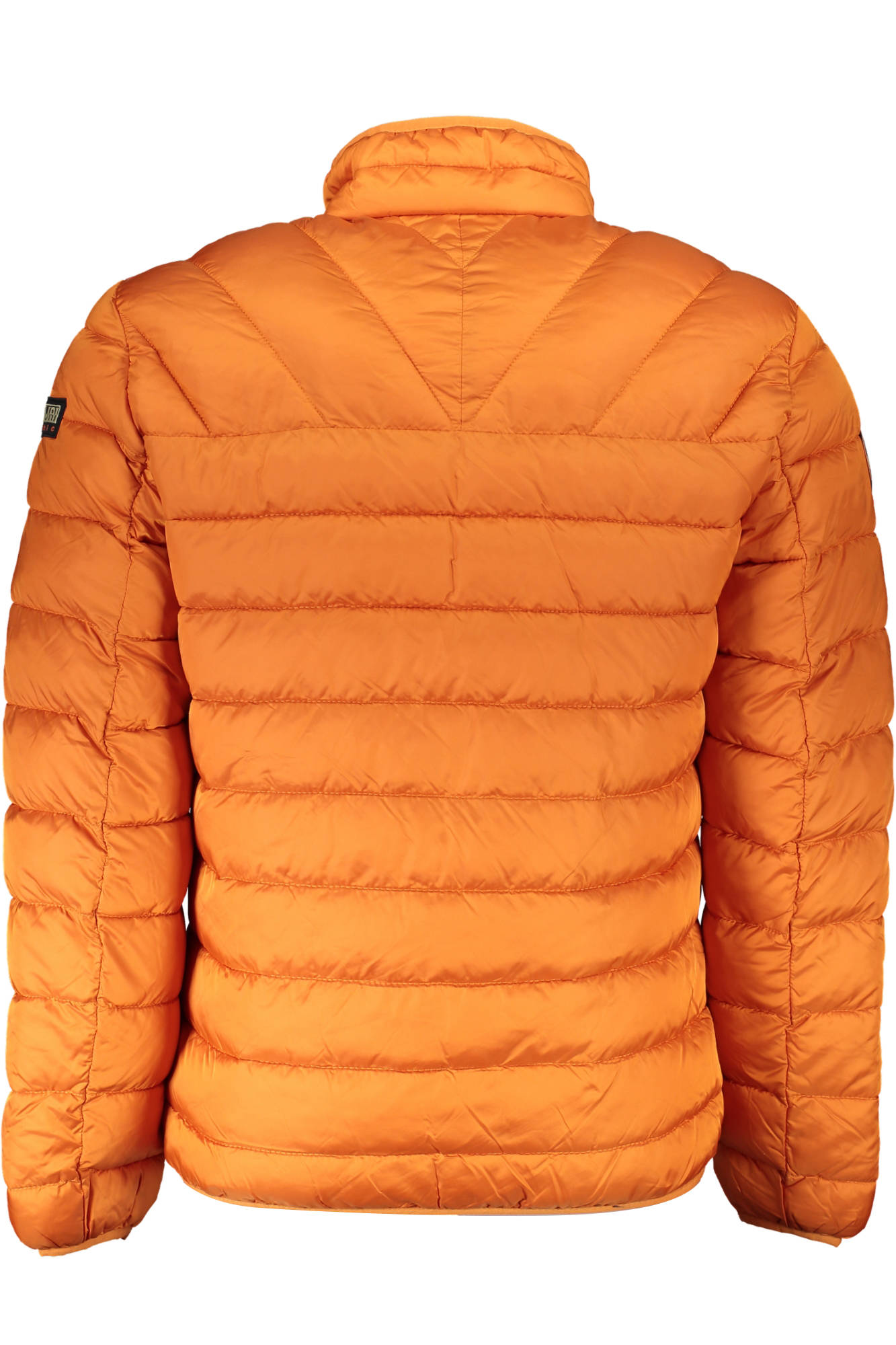 NAPAPIJRI MAN orange jacket for outdoor adventures, featuring long sleeves and zip closure, perfect for camping.