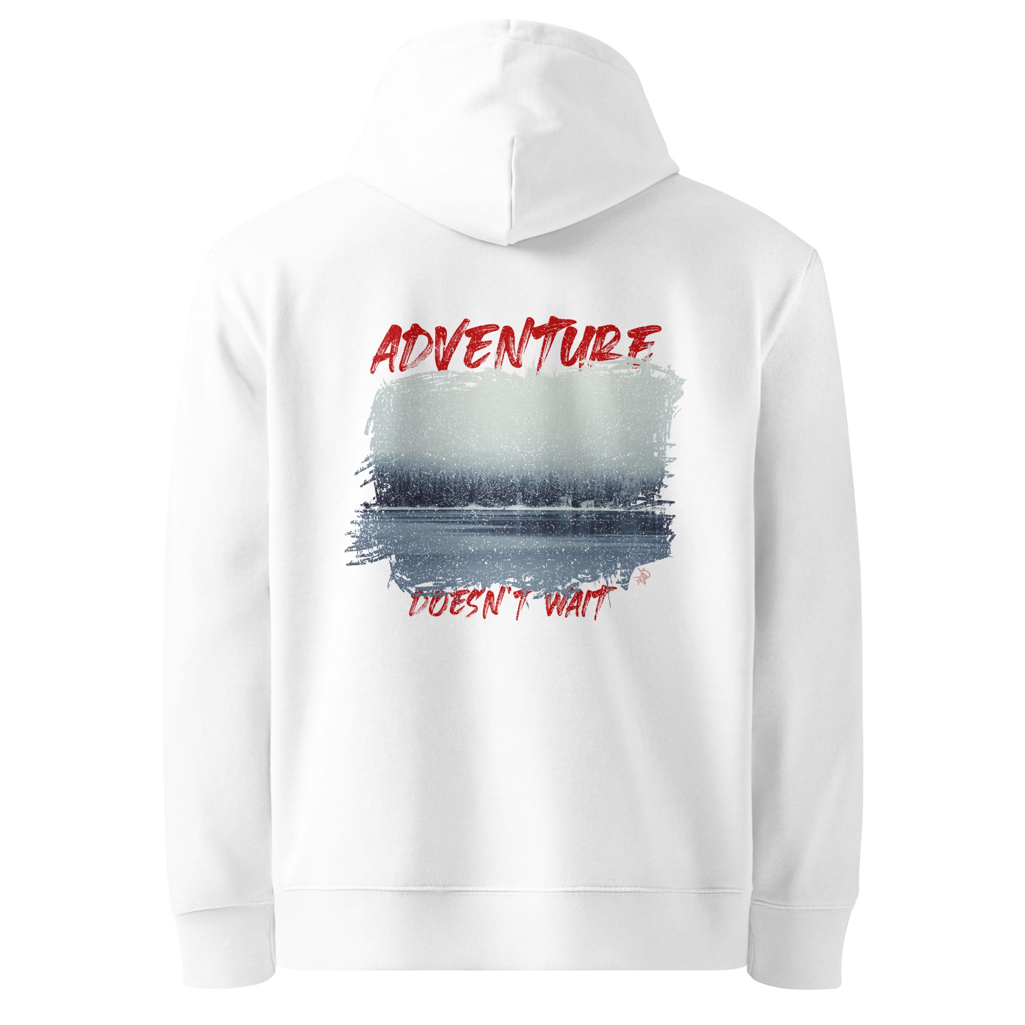 White unisex hoodie with 'Adventure Doesn't Wait' graphic, ideal for outdoor adventures, made from organic cotton.