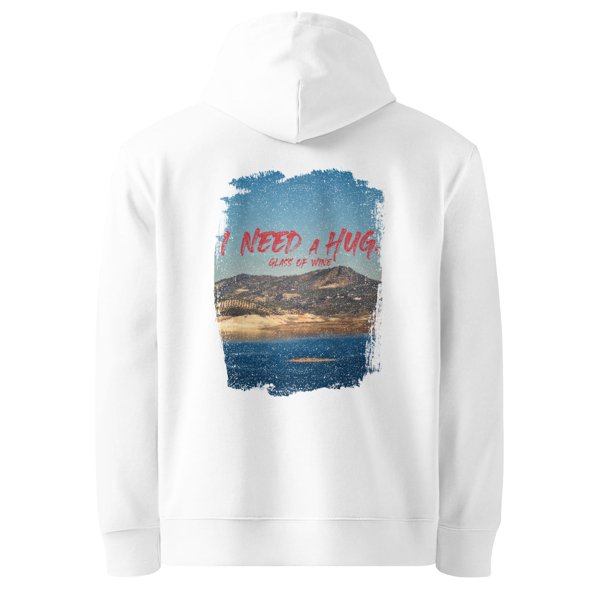 Unisex organic cotton hoodie with 'I Need a HUGe Glass of Wine' design, perfect for outdoor adventures and wine lovers.